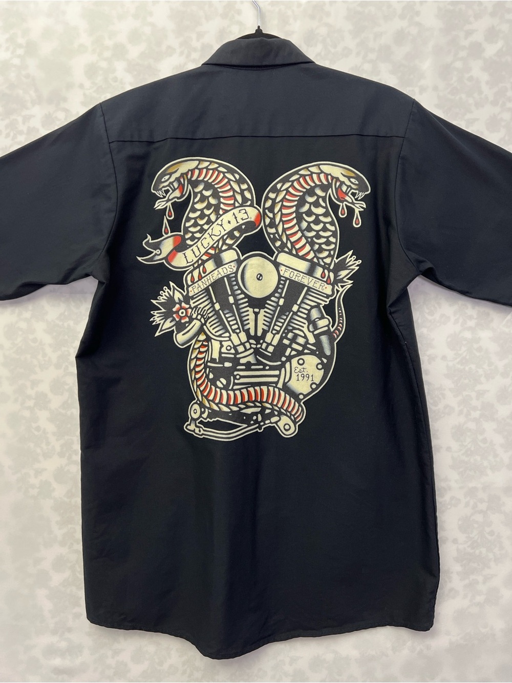 Lucky 13 Twin Cobras Panheads Forever Red Kap Work Shirt Black Size M